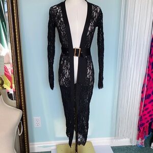 Revamped Black Sheer Lace Longline Cardigan with Belt